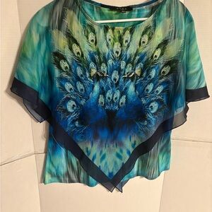B.L.E.U. Peacock Print Sheer Layered Blouse in Teal and Navy